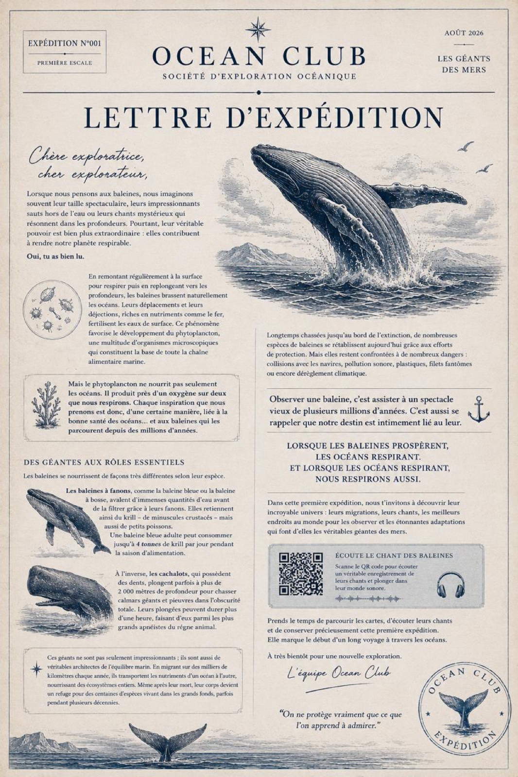 La lettre d’expédition n°001 consacrée aux baleines, posée à plat